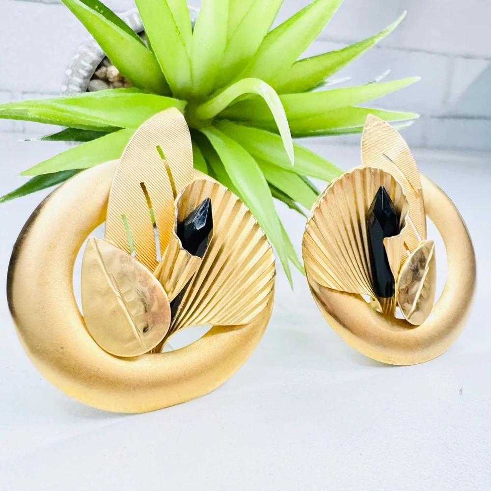 Vintage 80s Art Deco Satin Gold Tone Black Crystal Abstract Leaf Clip Earrings